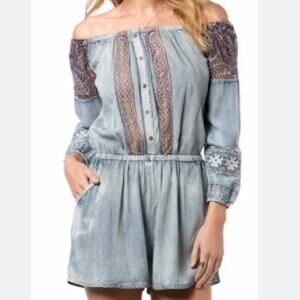 Miss Me chambray lace and embroidery accented romper